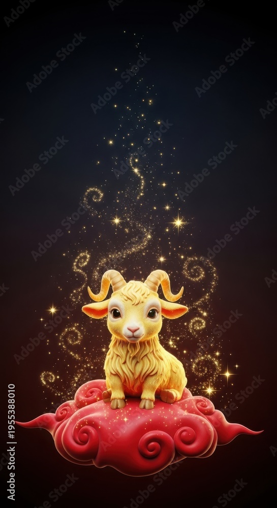Fototapeta premium Golden goat figurine sitting on red cloud with magical sparkles and swirling mist. Charming goat illustration symbolizes prosperity and good fortune for the Chinese New Year celebration.