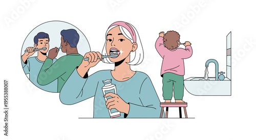 Family brushing teeth together in bathroom, healthy hygiene routine, morning or evening care.