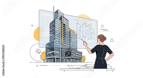 Architect Designing Modern Skyscraper on Holographic Display with Building Blueprint