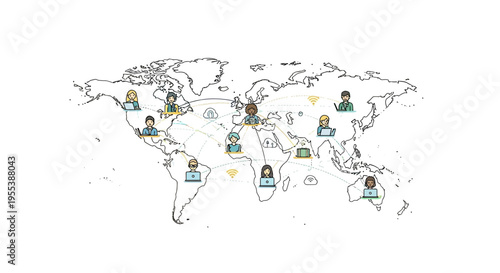 Global Team Collaboration: People Working Remotely Connected Around the World Map