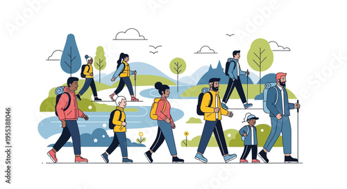 Diverse group of hikers with backpacks and walking sticks, trekking through scenic landscape