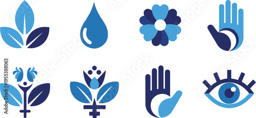 Collection of symbolic blue icons on white background