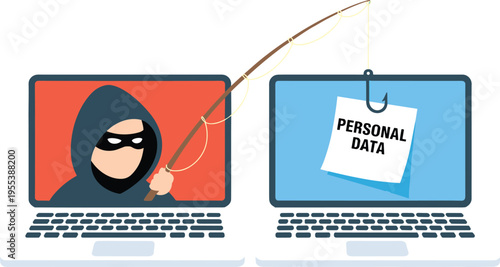 Cybersecurity phishing attack illustration, hacker stealing personal data, online scam, identity theft concept, internet security risk, data breach protection awareness