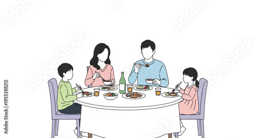 Happy family dinner, parents and two children eating together at a round table, illustration style