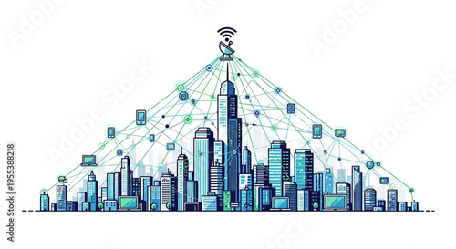 Smart City Network Connection: Futuristic Urban Technology and Digital Communication Concept