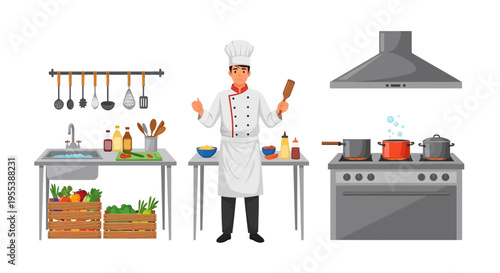 Chef Cooking in Professional Kitchen with Ingredients and Equipment