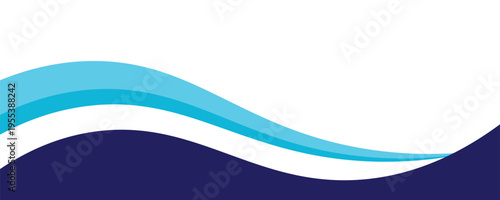 A clean and minimalist abstract background featuring smooth, flowing wave shapes in deep navy blue and vibrant cyan. The design includes a dynamic white curved accent against a crisp white backdrop
