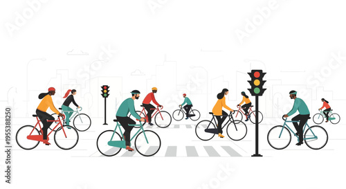 Diverse cyclists crossing street at traffic light, urban commuting, healthy lifestyle