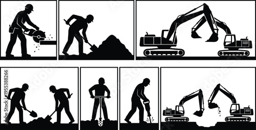 Black silhouette collection of construction workers using tools and heavy excavators machines for building site industrial work and road development