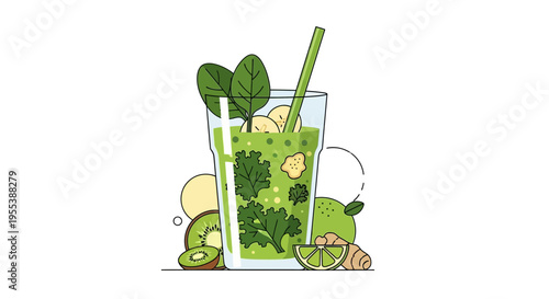 Healthy Green Smoothie with Kiwi, Spinach, Lime, and Ginger - Flat Illustration