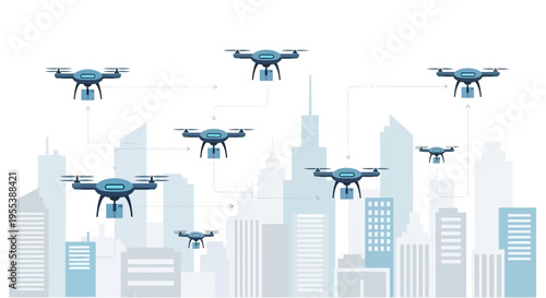 Drone delivery swarm over futuristic city skyline, aerial logistics, modern urban transport