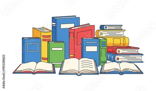 Colorful books collection with open and closed books flat vector illustration reading education concept