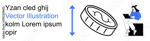 Money transfer, digital economy, freelance work, business growth, financial technology, online transactions. A coin beside an arrow and a woman with a laptop. Money transfer and digital economy