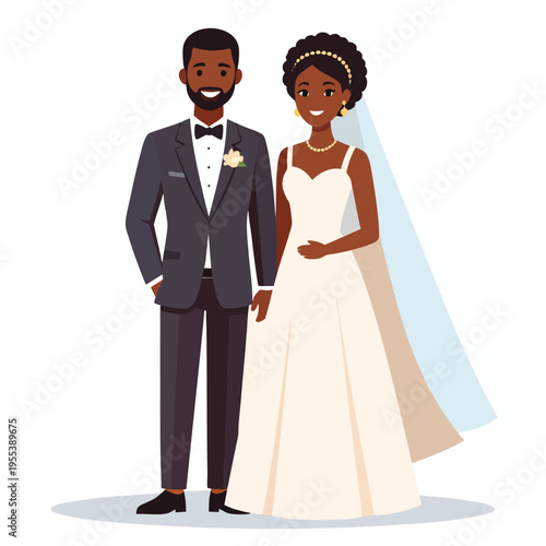 A smiling African American bride and groom in formal attire stand together
