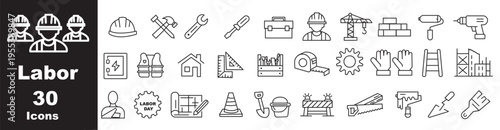 Labor Web Icon Set in Line Style. Collection of Construction Linear Icons, Including labour day, renovation, repair, work tools, materials, workers, building, business and more. Editable Stroke