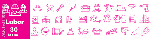 Labor Web Icon Set in Line Style. Collection of Construction Linear Icons, Including labour day, renovation, repair, work tools, materials, workers, building, business and more. Editable Stroke