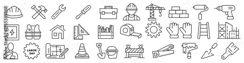 Construction work and labor line icon set. Renovation, build, builder, tool, helmet, excavator, roller, spatula, wheelbarrow, project and more. Outline icon in linear style. Vector collection.