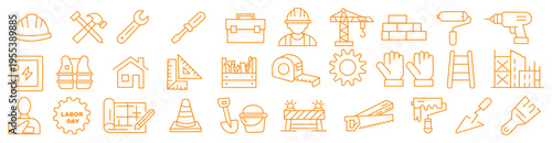 Construction work and labor line icon set. Renovation, build, builder, tool, helmet, excavator, roller, spatula, wheelbarrow, project and more. Outline icon in linear style. Vector collection.