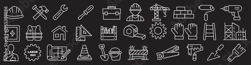 Construction work and labor line icon set. Renovation, build, builder, tool, helmet, excavator, roller, spatula, wheelbarrow, project and more. Outline icon in linear style. Vector collection.