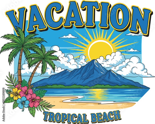 Tropical beach vacation paradise with palm trees and volcano
