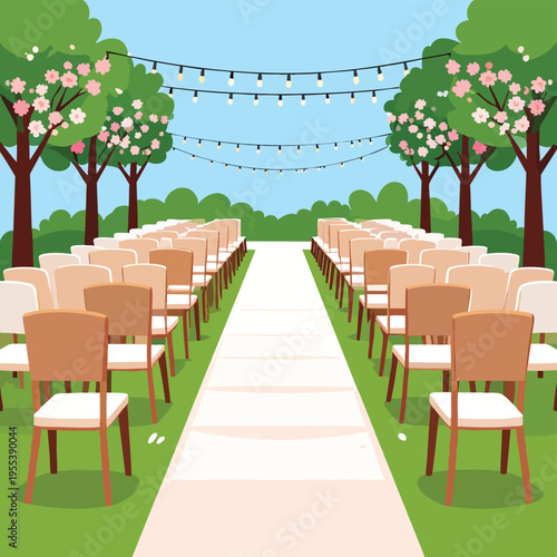 A wedding ceremony takes place on a pathway between rows of chairs under blooming trees and string lights in a park.