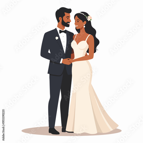 A loving couple in formal attire smiling at each other on a romantic evening outdoors