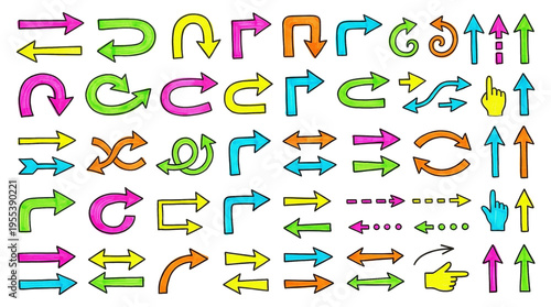 Hand drawn fluorescent neon marker arrows and pointers