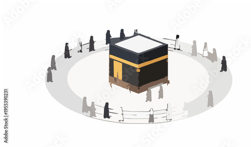 Muslims Performing Tawaf Around Kaaba Hajj Pilgrimage Vector Illustration