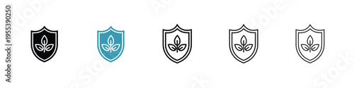 Shield with leafs icon in line art style on white background for graphic and web design.