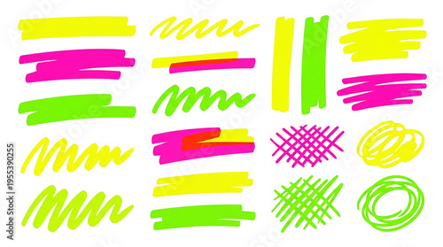 Neon fluorescent highlighter marker strokes for text emphasis