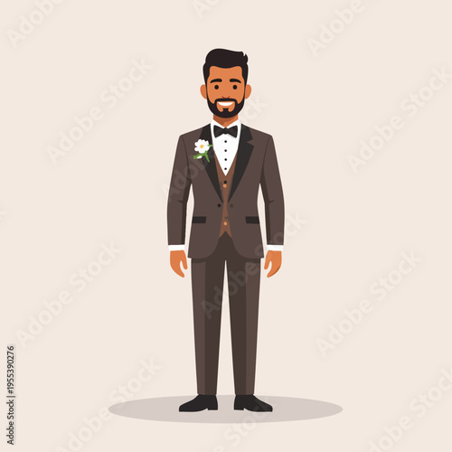 A man in a brown suit and bow tie stands formally dressed