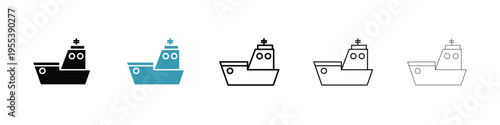Ship icon in line art style on white background for graphic and web design.