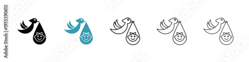 Stork with baby icon in line art style on white background for graphic and web design.