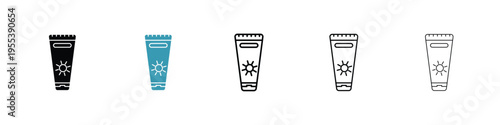 Suntan cream icon in line art style on white background for graphic and web design.