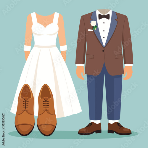 A cartoon illustration of a white wedding dress, a brown suit with accessories and brown shoes on display.
