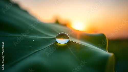 veins. Single dewdrop centered at vein intersection on green lotus leaf at sunrise, soft morning light. gardening catalogs, home-decor guides, designed for home decor and floral branding.