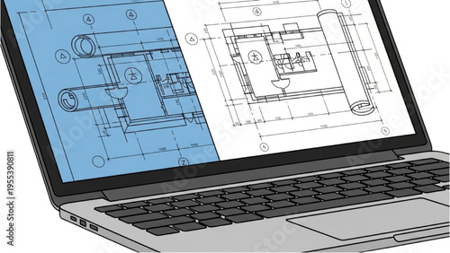 Engineer designs blueprint on laptop in office setting with technical drawings