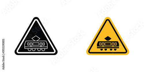 Tramway caution traffic signs in line art style on white background for graphic and web design.