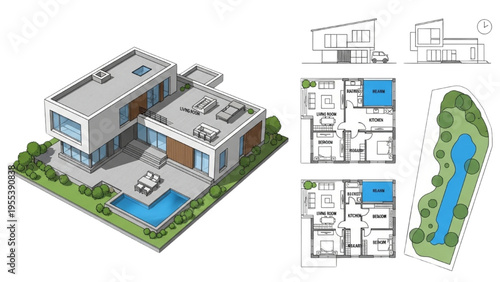 Modern house with pool and garden, showing floor plans and aerial view