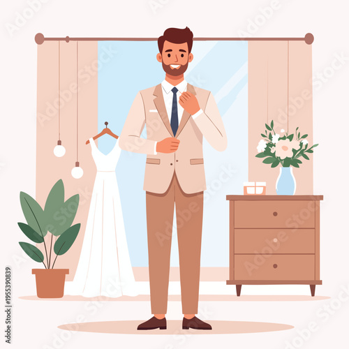 Man prepares for wedding in room with dress and flowers