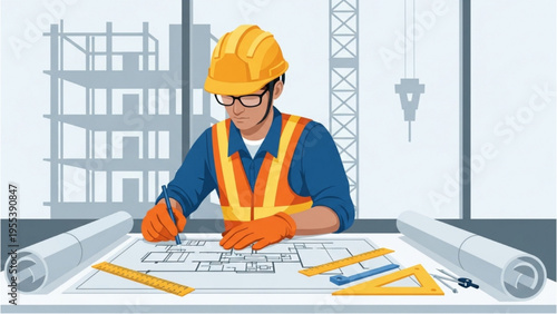 Construction worker designing building plans with safety gear