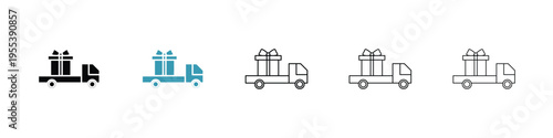 Truck carrying gift box icon in line art style on white background for graphic and web design.