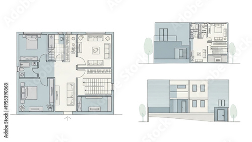 Architectural plans showcase modern house layout with illustrations