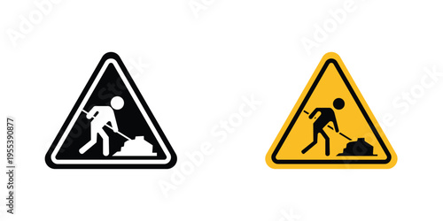 Under construction signs in line art style on white background for graphic and web design.
