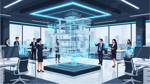 People in a futuristic office interact around a holographic Technology display projected from a sleek black platform