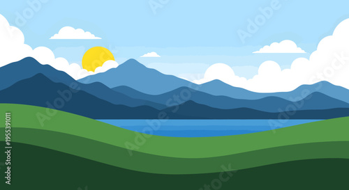 Stylized morning landscape with layered mountains a lake and rolling green hills
