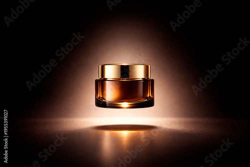 Luxury levitating cosmetic cream jar on dark background with golden lighting, premium branding mockup