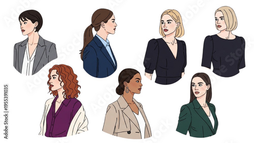 Canvastavla Seven businesswomen portraits in various poses and outfits are shown together