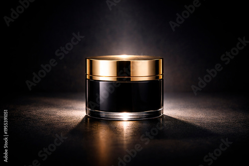 Black cosmetic cream jar with golden lid on dark background with dramatic lighting, premium mockup
