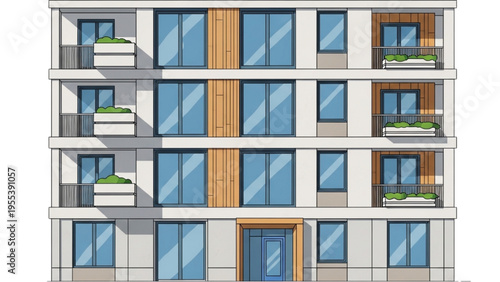 A detailed architectural illustration of a modern apartment building exterior with balconies and large windows